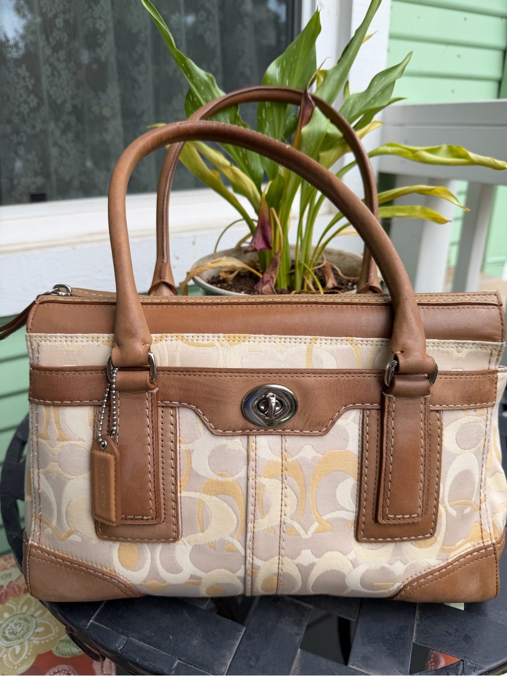 Coach Tan and Cream Signature Satchel with Turn-Lock